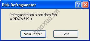 Hộp thoại thông báo kết quả Defragment