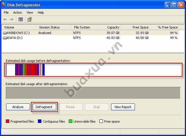 Nhấn vào nút Defragment để thực hiện lệnh chống phân mảnh cho ổ dĩa