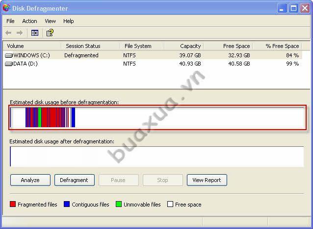 Kết quả phân tích của disk defragmenter