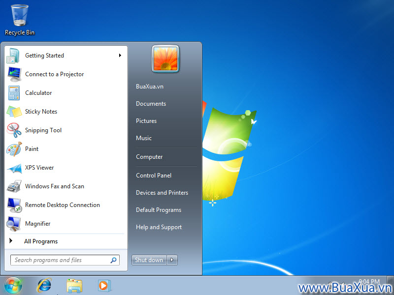 Màn hình Start Menu của Hệ điều hành Windows 7