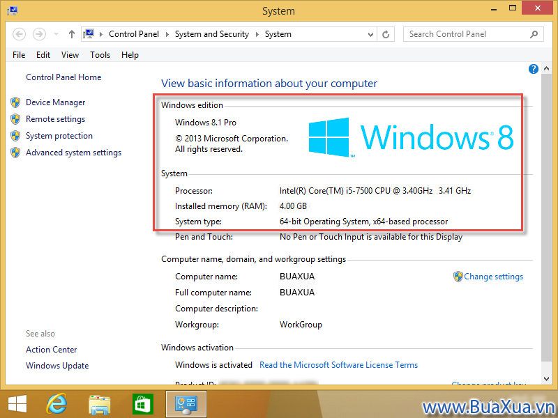 Các thông tin trong cửa sổ System của Windows 8