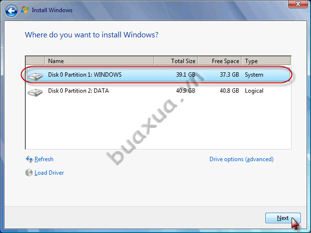 Chọn ổ dĩa để cài đặt Windows 7