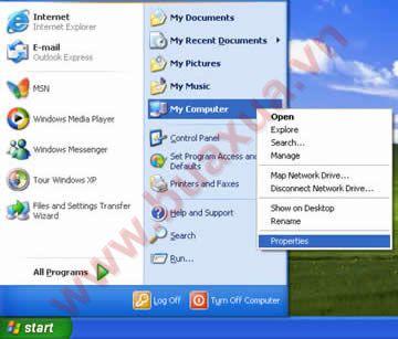 Nhấn chuột phải vào biểu tượng My Computer và chọn Properties
