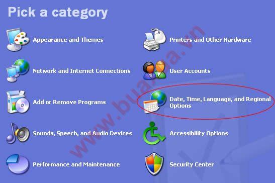 chọn Date, Time, Language and Regional Options.