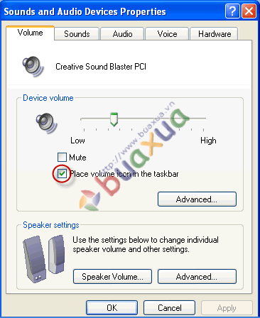 đánh dấu vào ô Place volume icon in the Taskbar