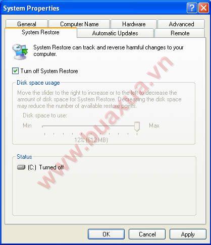 đánh dấu chọn Turn off System Restore