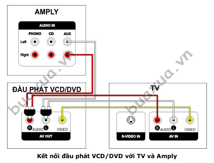Kết nối âm thanh từ đầu phát VCD/DVD và TV tới Amply sử dụng đầu chia tín hiệu