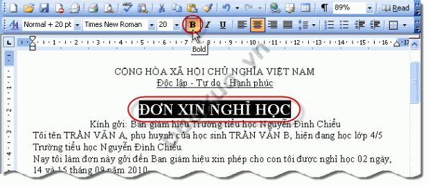 nhấn vào nút Bold để làm đậm 