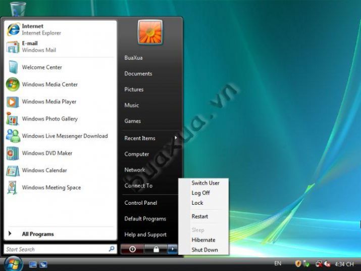 Màn hình Desktop và Start Menu của Windows Vista